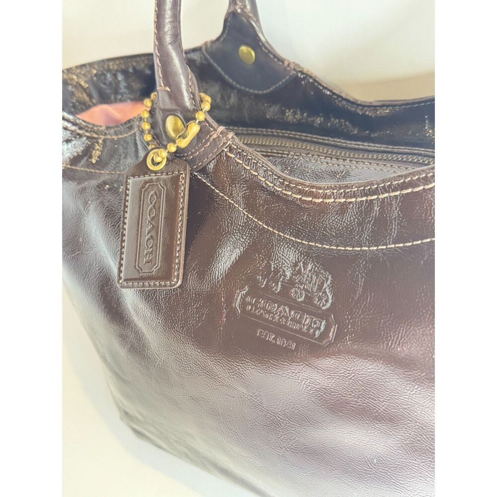 Coach Bleeker 12362 Dark Brown Patent Leather Shoulder Bag Tote Y2K Large - Picture 8 of 11